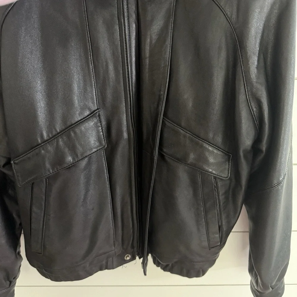 Vintage Collezione Black Leather Bomber Jacket Men's Size Large Full Zip EUC